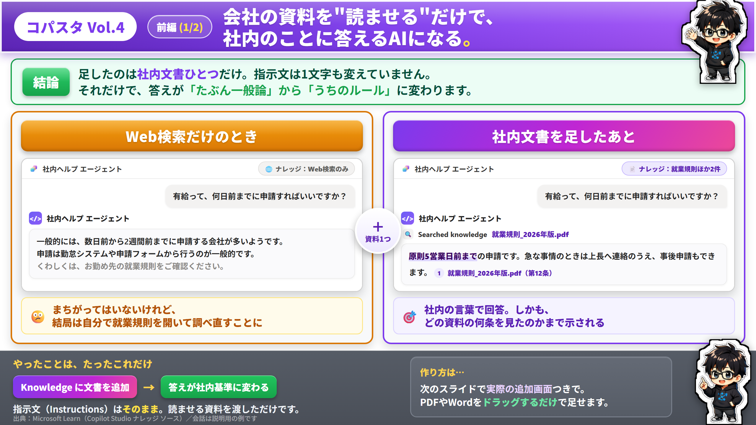 Copilot Studioでナレッジを追加する前と後の回答の違い