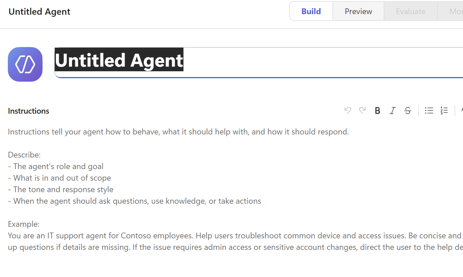 Agent のカードを押した直後。名前は Untitled Agent のまま、Instructions も空っぽ