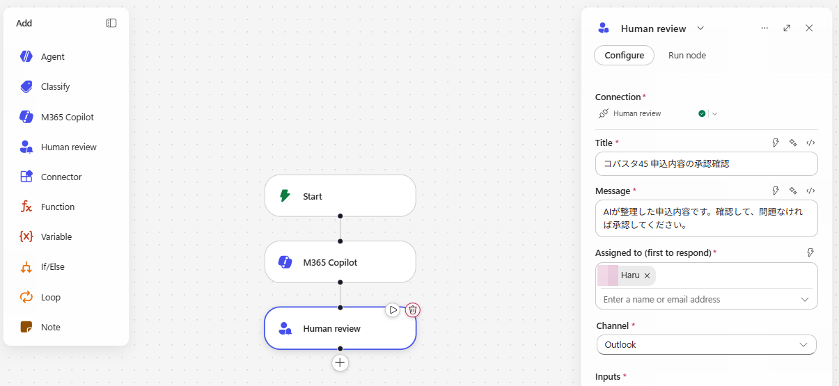 Workflow の編集画面。Start → M365 Copilot → Human review と、上から順につないでいきます