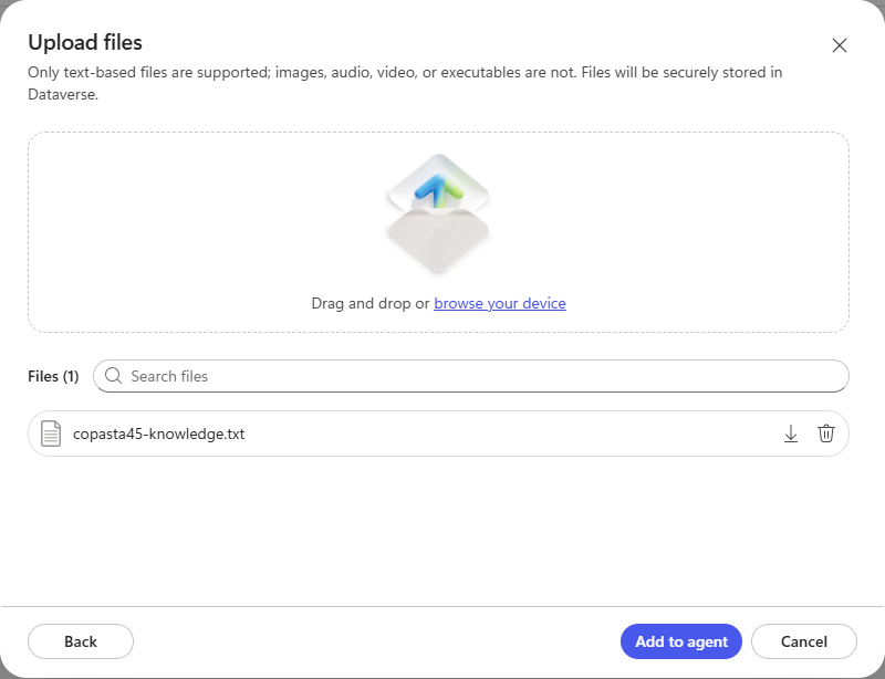 テキストファイルを1つ入れたところ。一覧に載ったら右下の Add to agent