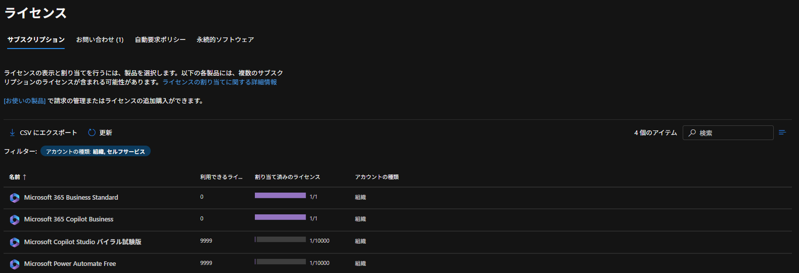 検証用テナントのライセンス一覧。Copilot Studio はバイラル試用版、Power Automate は Free