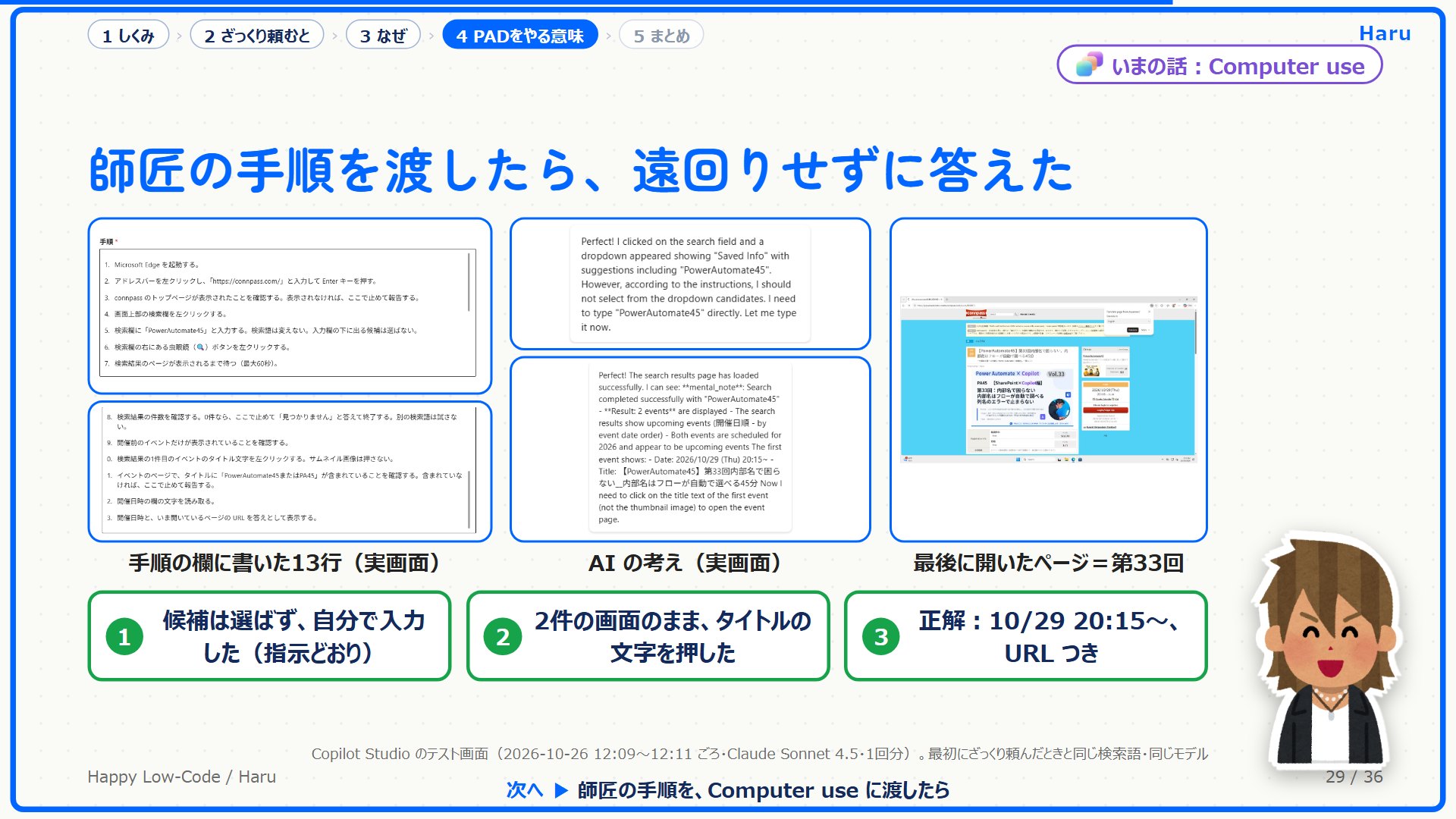 手順の欄に書いた13行、AI の考え、最後に開いたページ